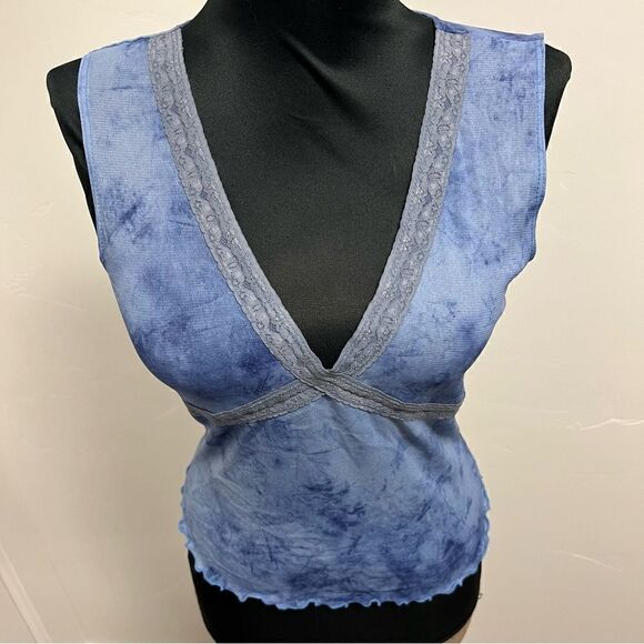 NWOT Vintage y2k stretchy mesh blue space dye top deep v - Picture 1 of 9